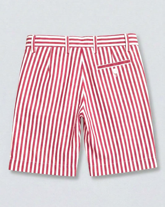 back of red and white striped shorts with 1 pocket and white button on right side, 4 visible belt loops, against a grey background.