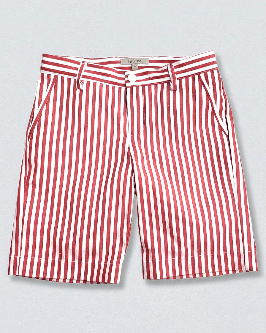 front of red and white striped shorts with pockets, 2 visible belt loops and a white button, against a grey background.