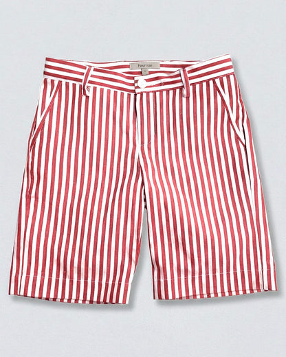 front of red and white striped shorts with pockets, 2 visible belt loops and a white button, against a grey background.