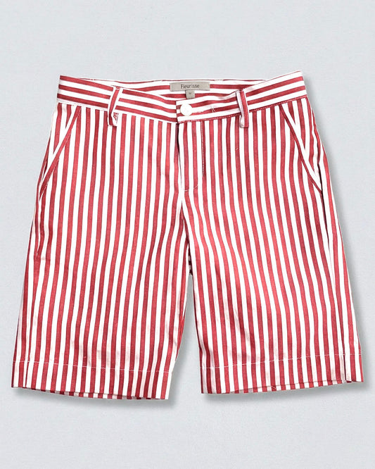 front of red and white striped shorts with pockets, 2 visible belt loops and a white button, against a grey background.