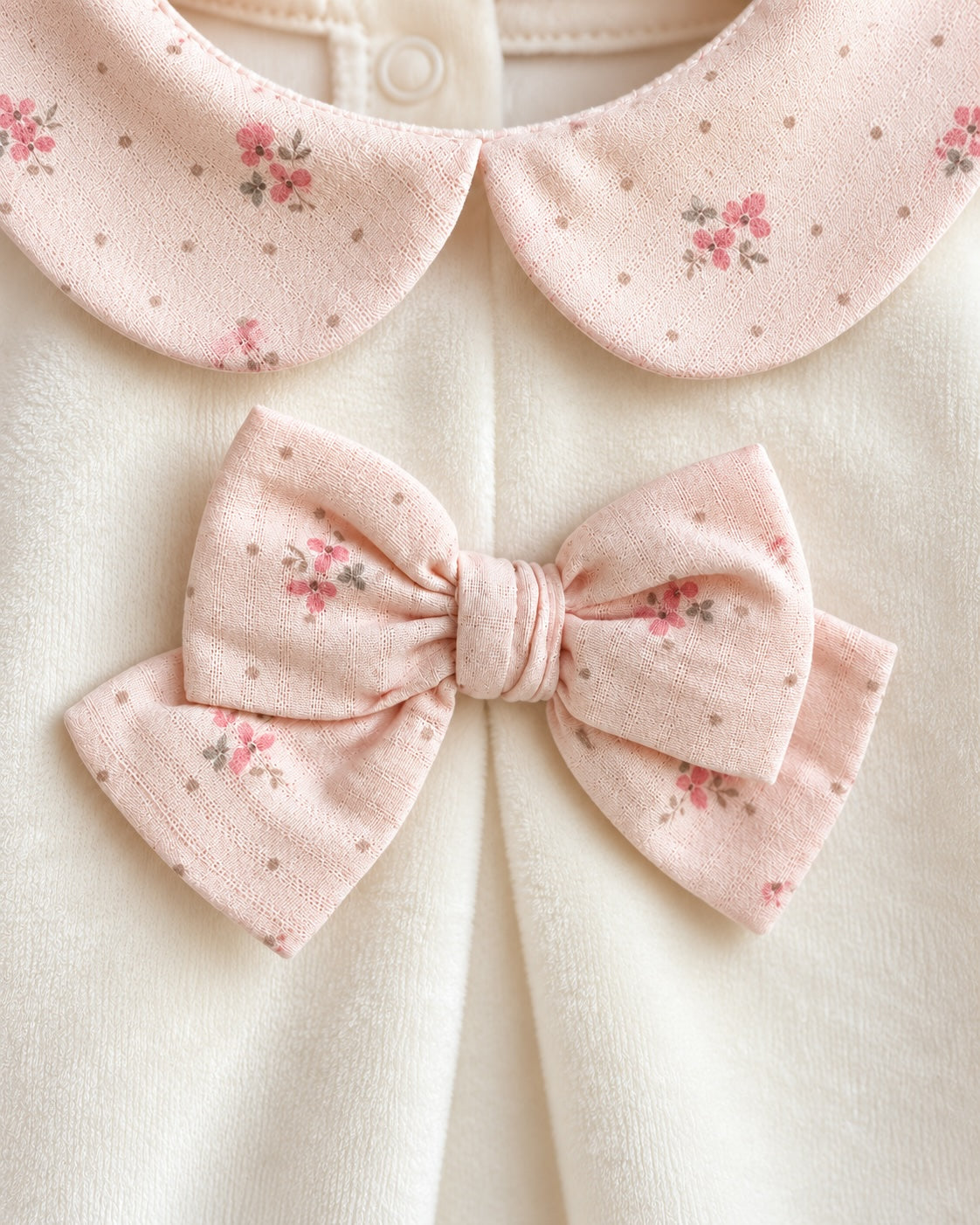 Closeup of white velour fabric with a double-pink cotton bow and pink floral neck line.