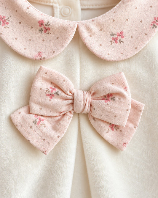Closeup of white velour fabric with a double-pink cotton bow and pink floral neck line.