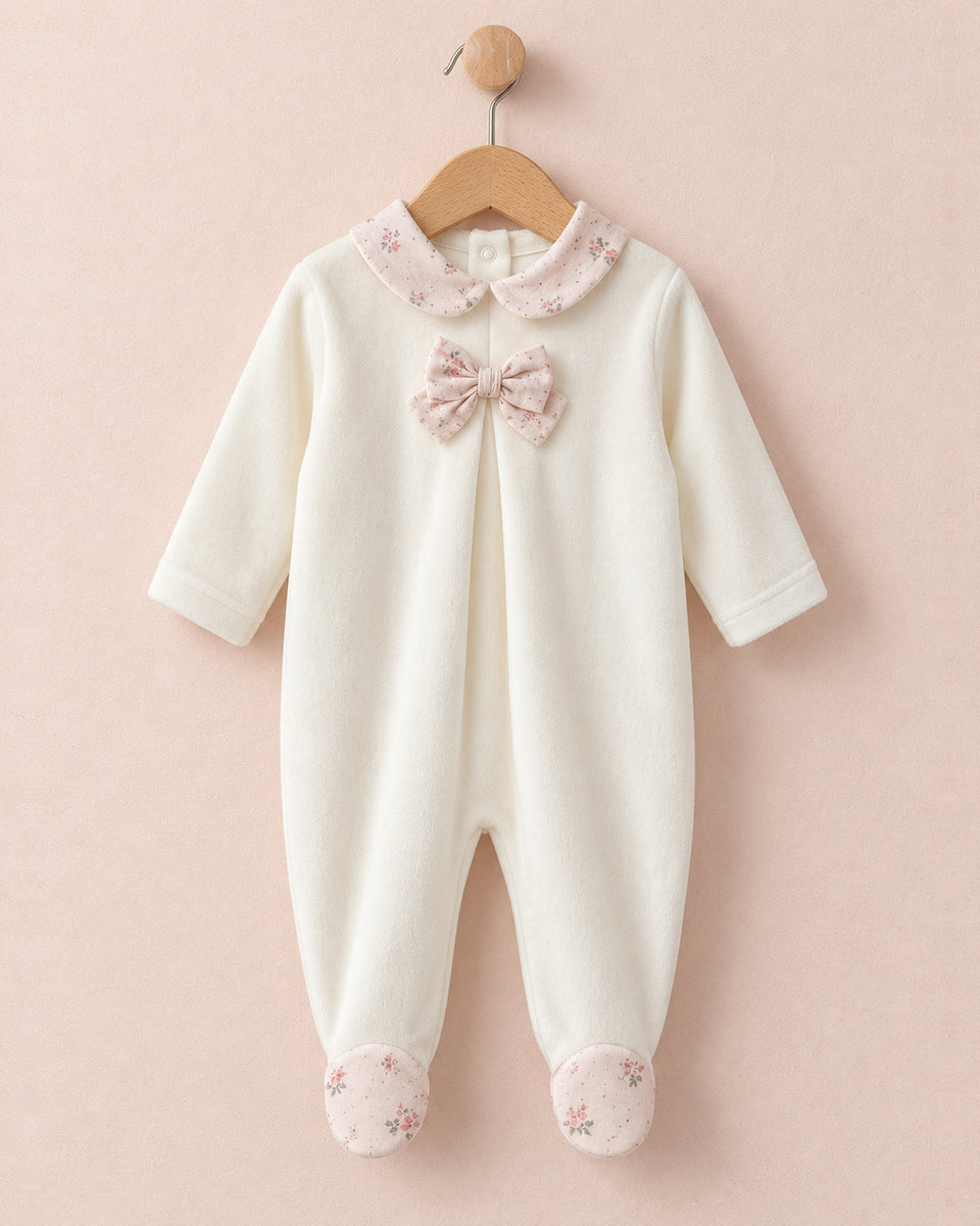 Velour Collar and Bow Cream Footie