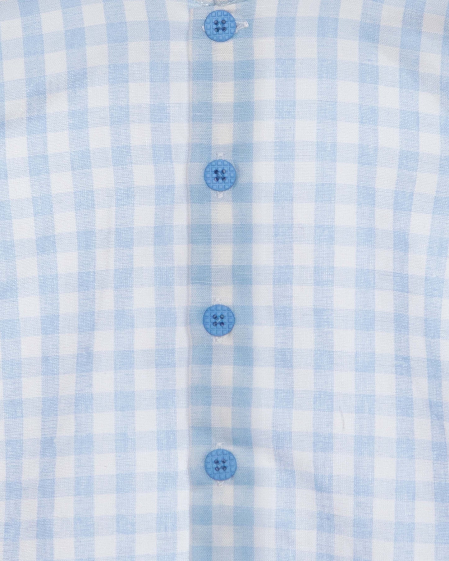 Close-up of a blue and white checkered shirt with buttons.