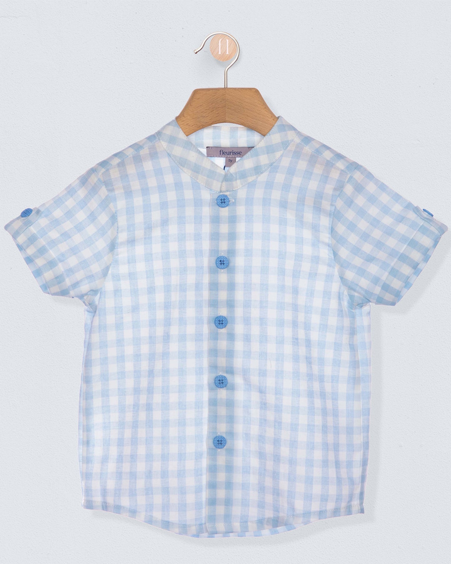 Blue and white checkered shirt on a hanger against a light gray background