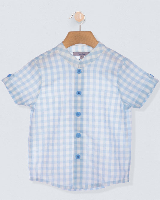 Blue and white checkered shirt on a hanger against a light gray background