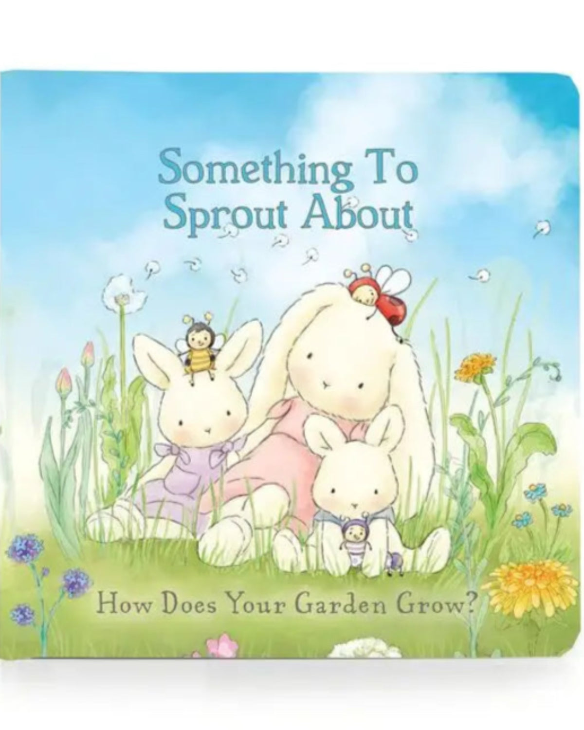 Children's book titled 'Something To Sprout About' with cartoon characters in a garden setting.