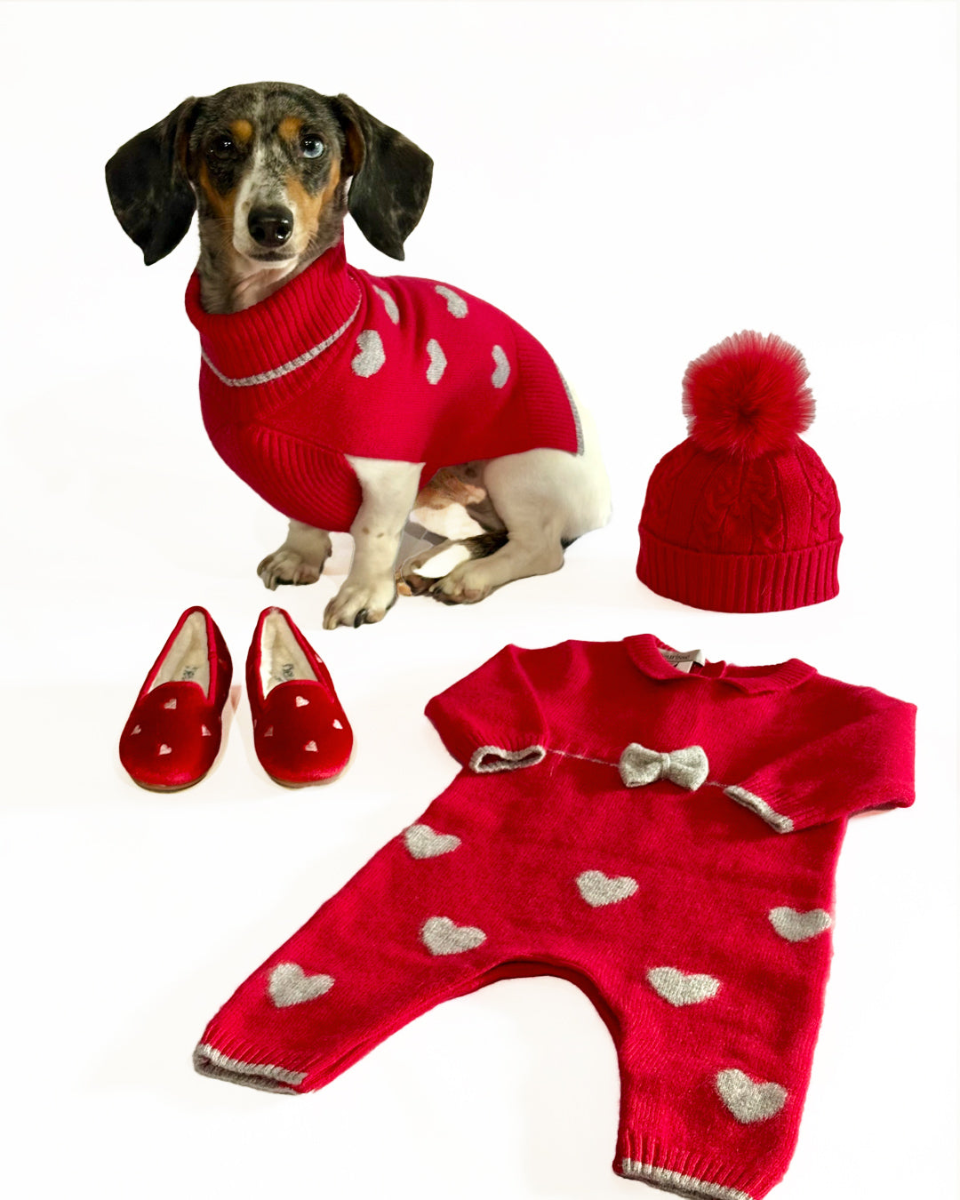 Dog wearing a red sweater with heart patterns, surrounded by matching red shoes and a hat on a white background.