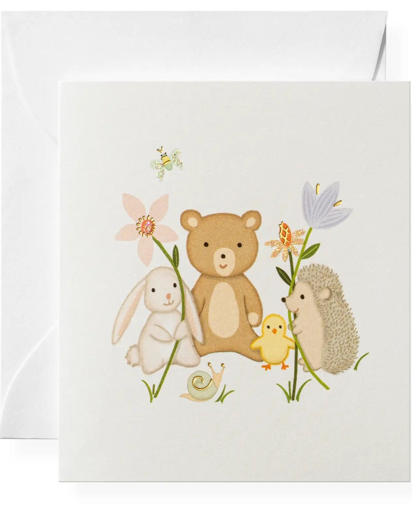Card with cartoon animals including a bear, rabbit, chick, and hedgehog among flowers and plants.