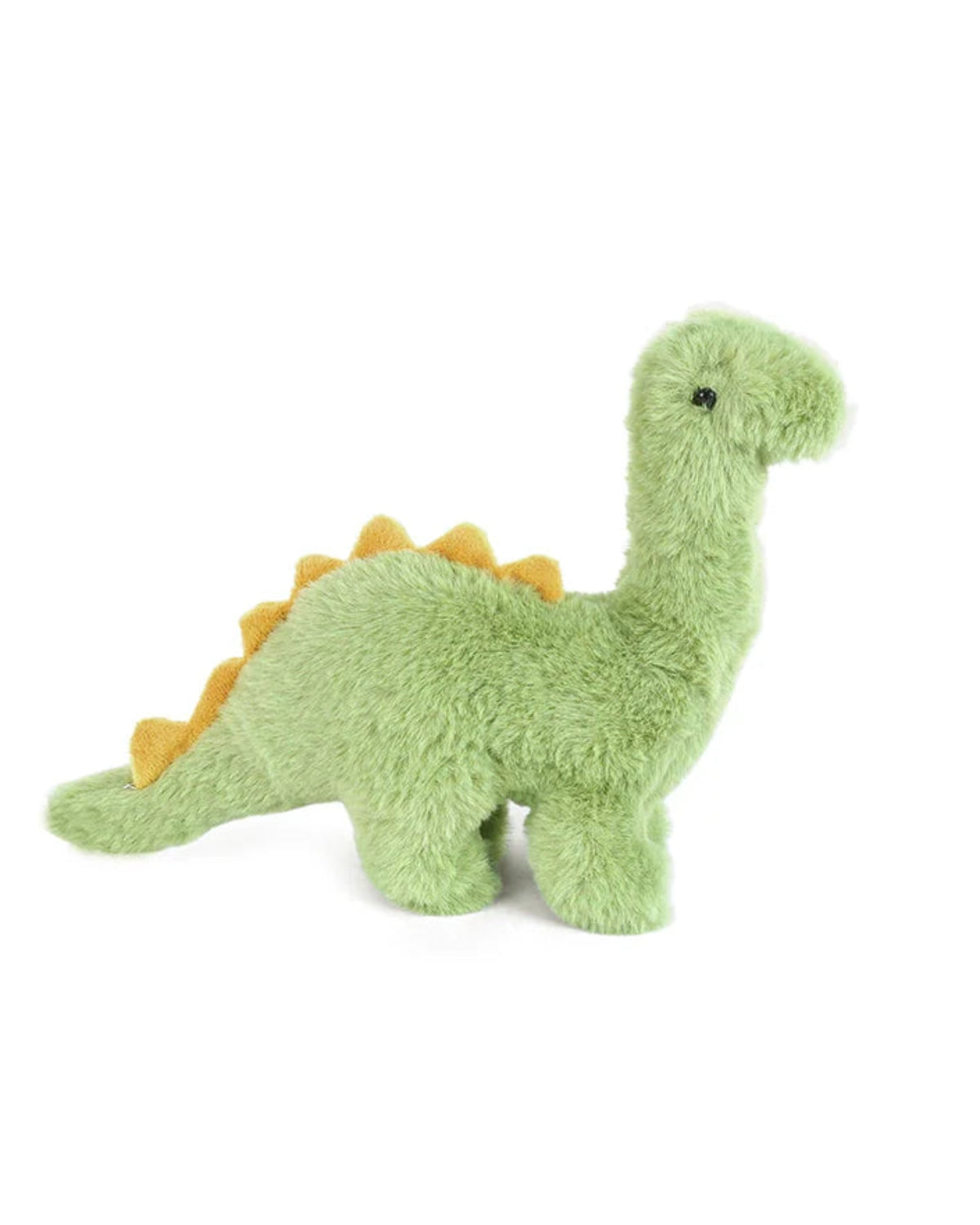 Green plush dinosaur toy on a white background