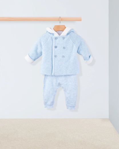 Light blue baby outfit with matching jacket and pants on a hanger against a light gray background.