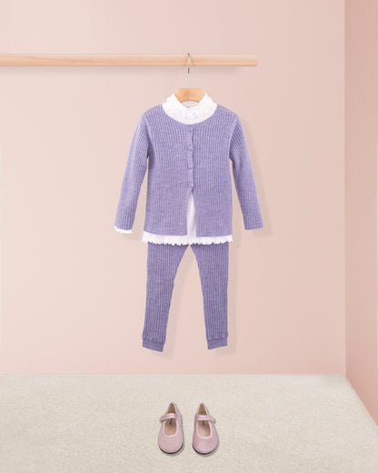 Ribbed Lavender Wool Mélange Cardigan - Cardigan