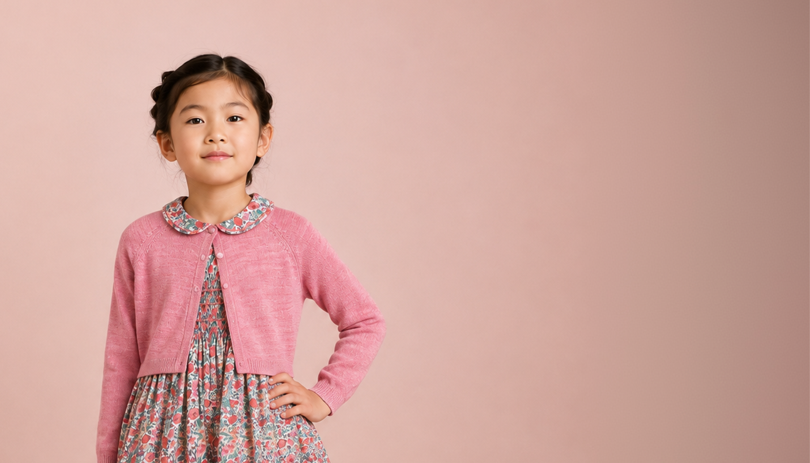 A young girl with dark hair in a half-braided style stands against a solid dusty pink background, wearing a pink knit cardigan over a floral print dress with a Peter Pan collar.