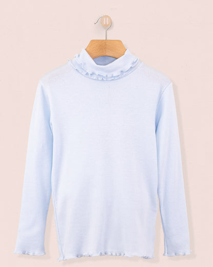Ruffle Turtleneck Italian Brushed Cotton Powder Blue - Jersey