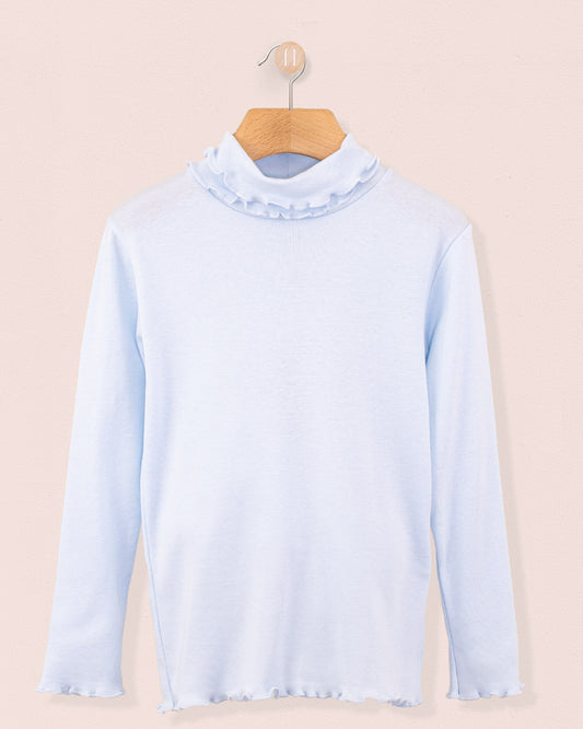 Ruffle Turtleneck Italian Brushed Cotton Powder Blue - Jersey