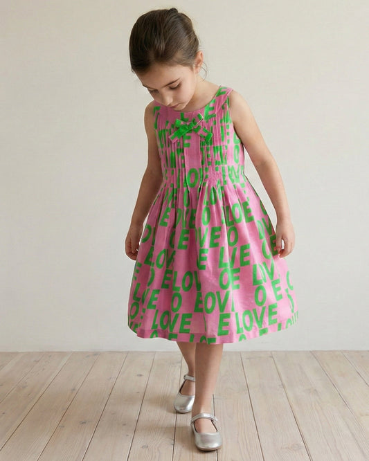 Young girl wearing a pink dress with green text pattern on a wooden floor.