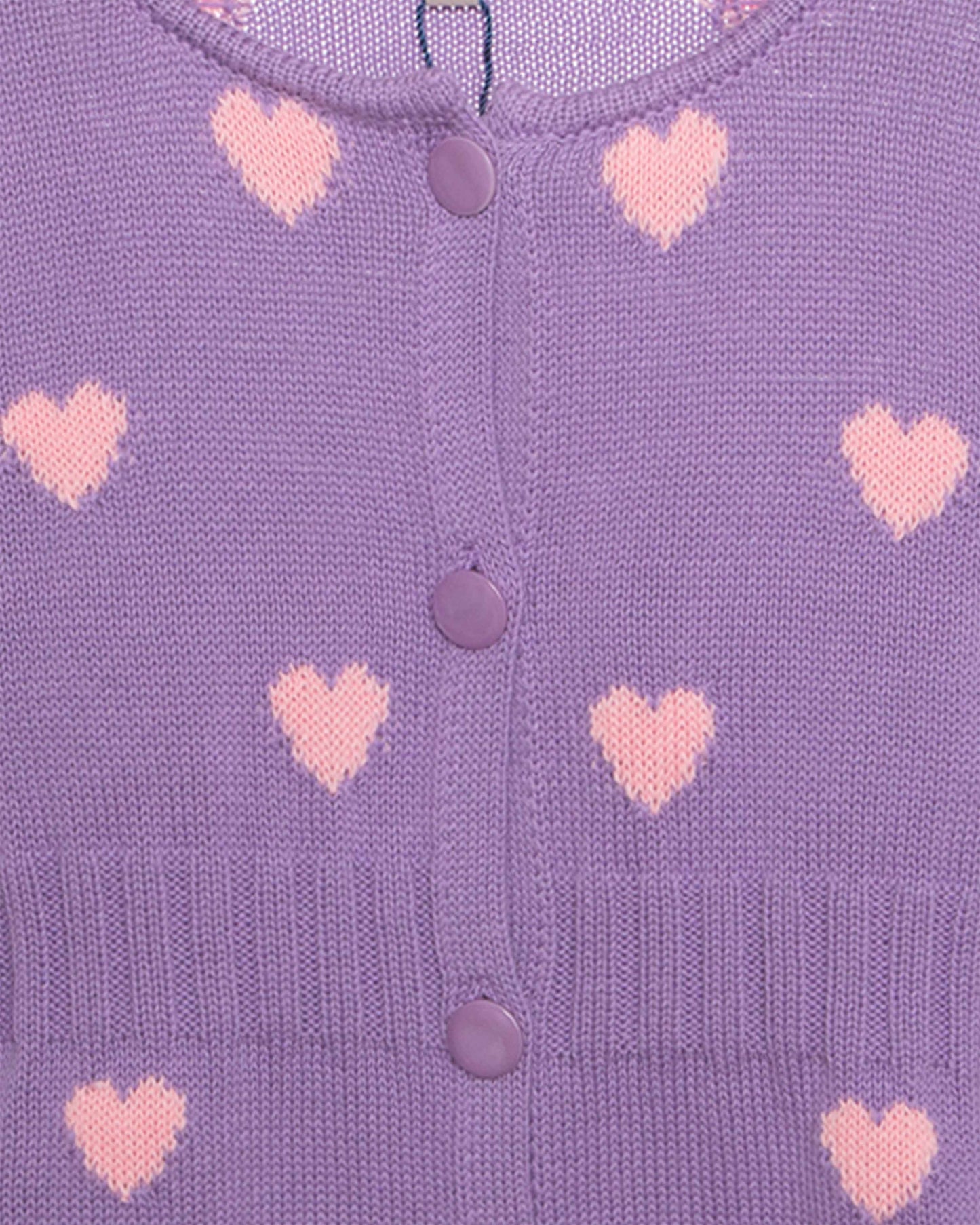 Purple cardigan with pink heart patterns and buttons
