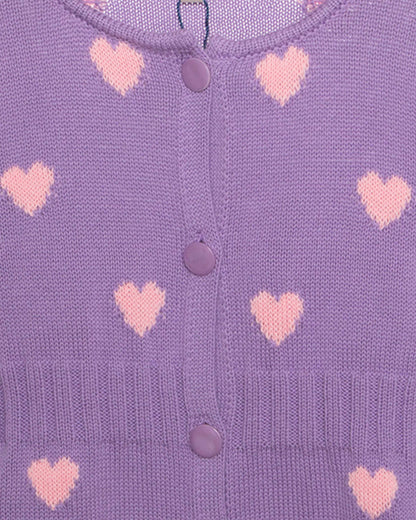 Purple cardigan with pink heart patterns and buttons