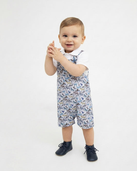 Baby wearing a patterned romper with a white shirt underneath on a light gray background