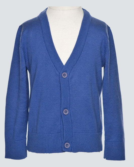 navy blue cardigan with 3 buttons, on a mannequin, with a light blue grey background