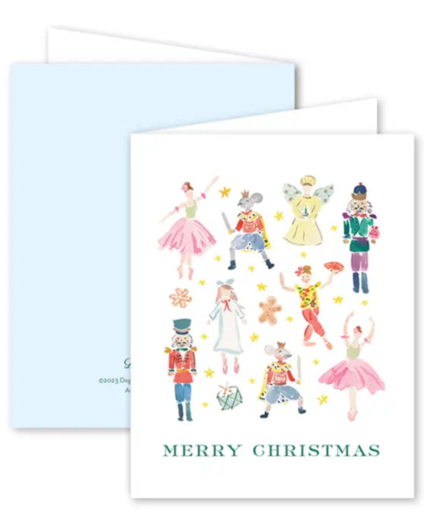 Christmas card with illustrated characters and 'Merry Christmas' text on a white background.