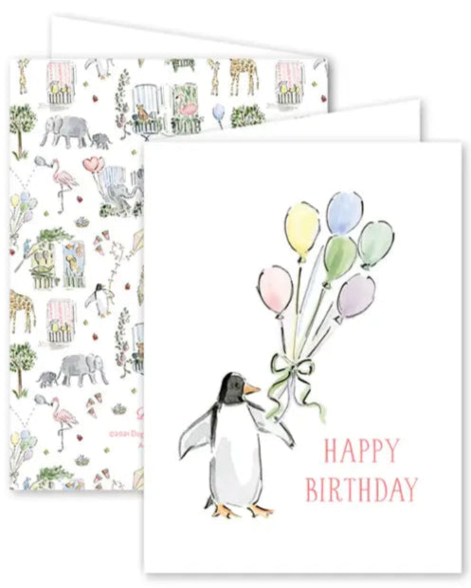 Two greeting cards; one with animal illustrations and the other with a penguin holding balloons and 'Happy Birthday' text.