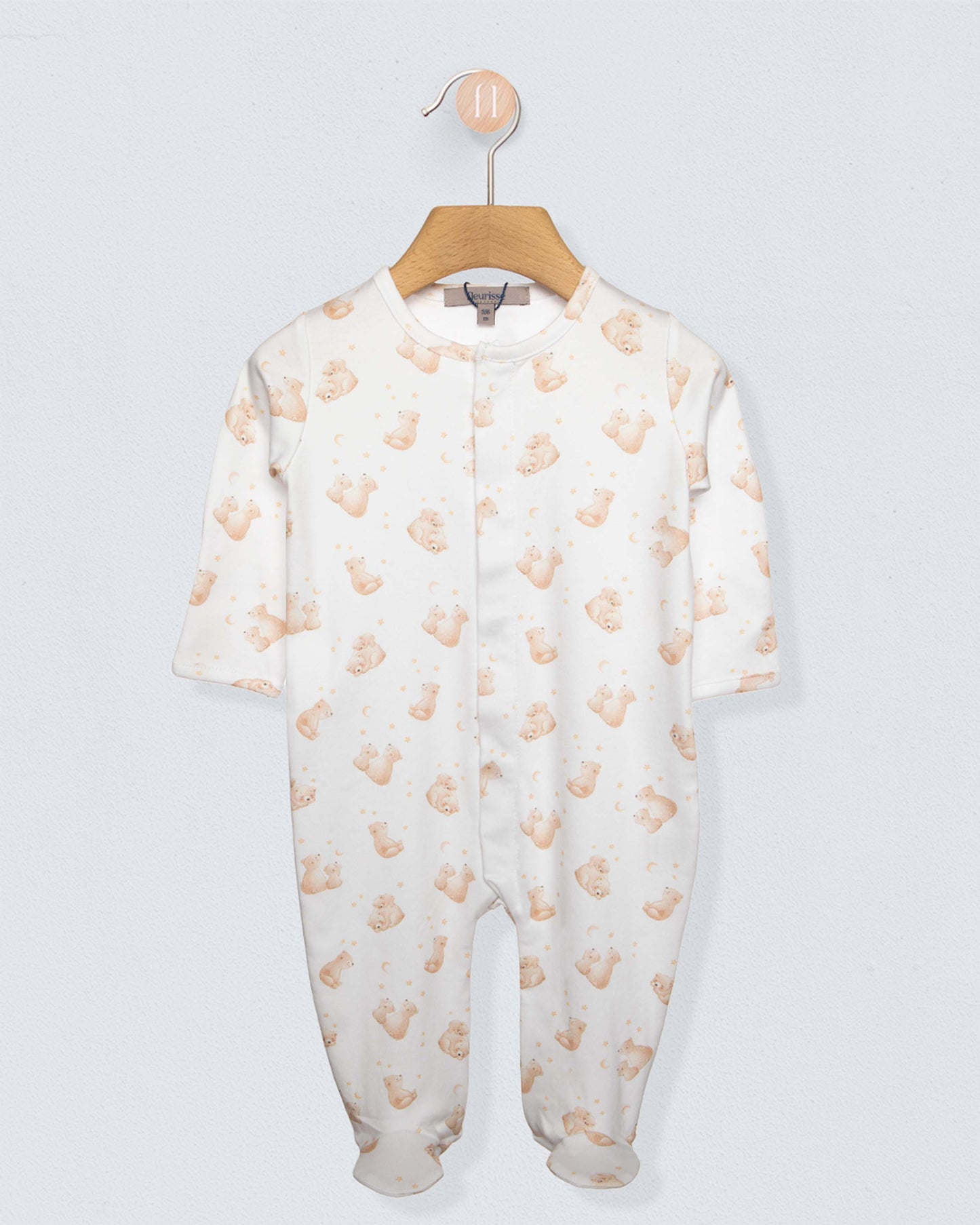 White stretchie with brown bears on a grey background 