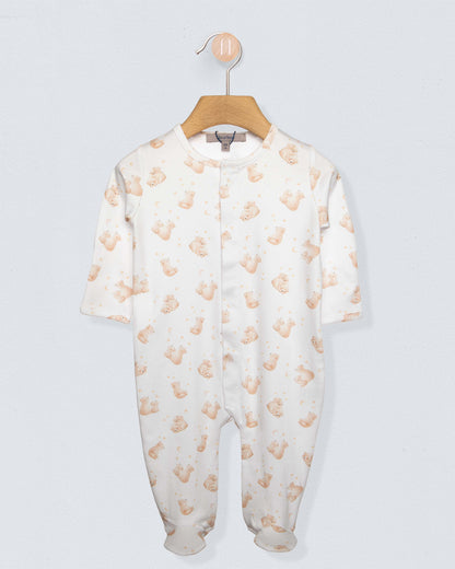 White stretchie with brown bears on a grey background 