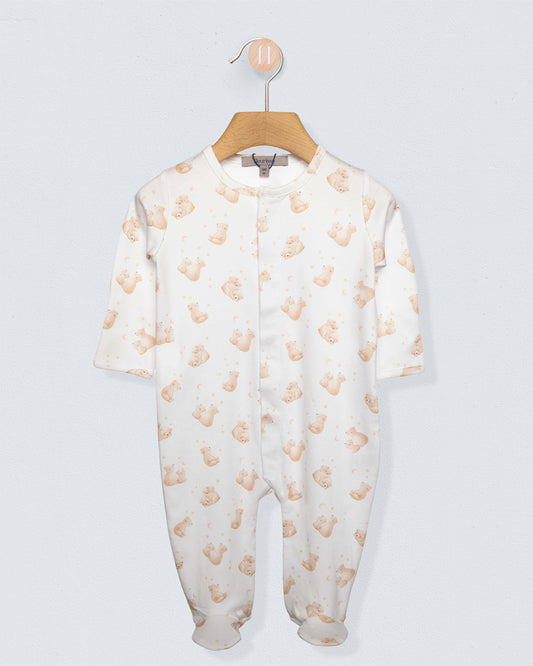 White stretchie with brown bears on a grey background 