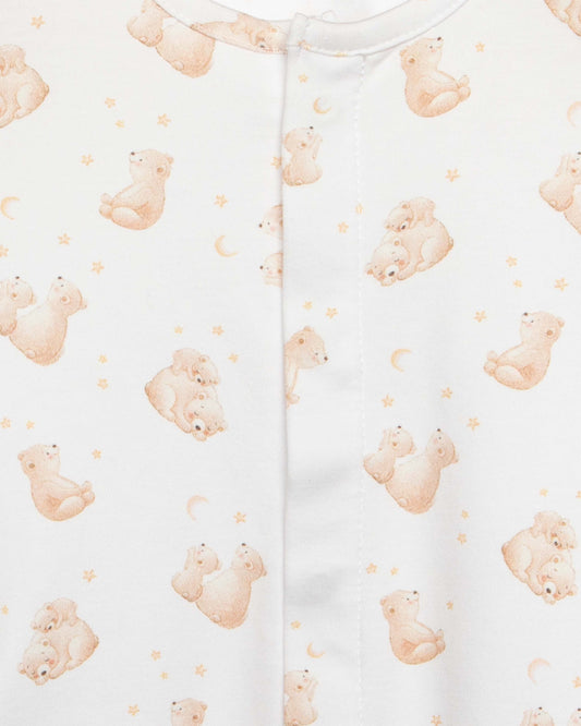 Baby onesie with teddy bear pattern on a white background