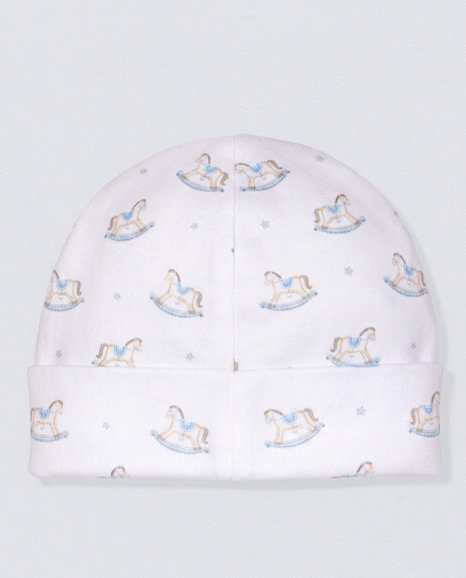 white hat with blue and brown rocking horses against a white background