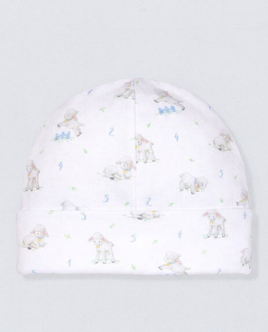 White hat with sheep designs, against a white background