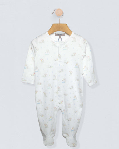 white stretchie with white blue and brown sheep designs, against a white background