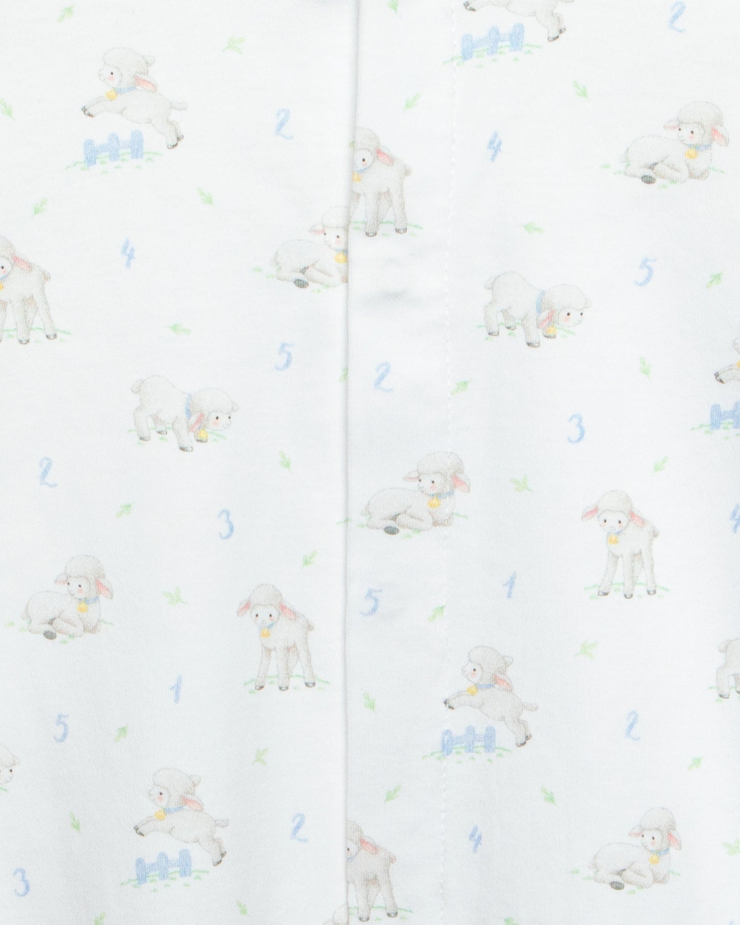white stretchie with white blue and brown sheep designs, against a white background