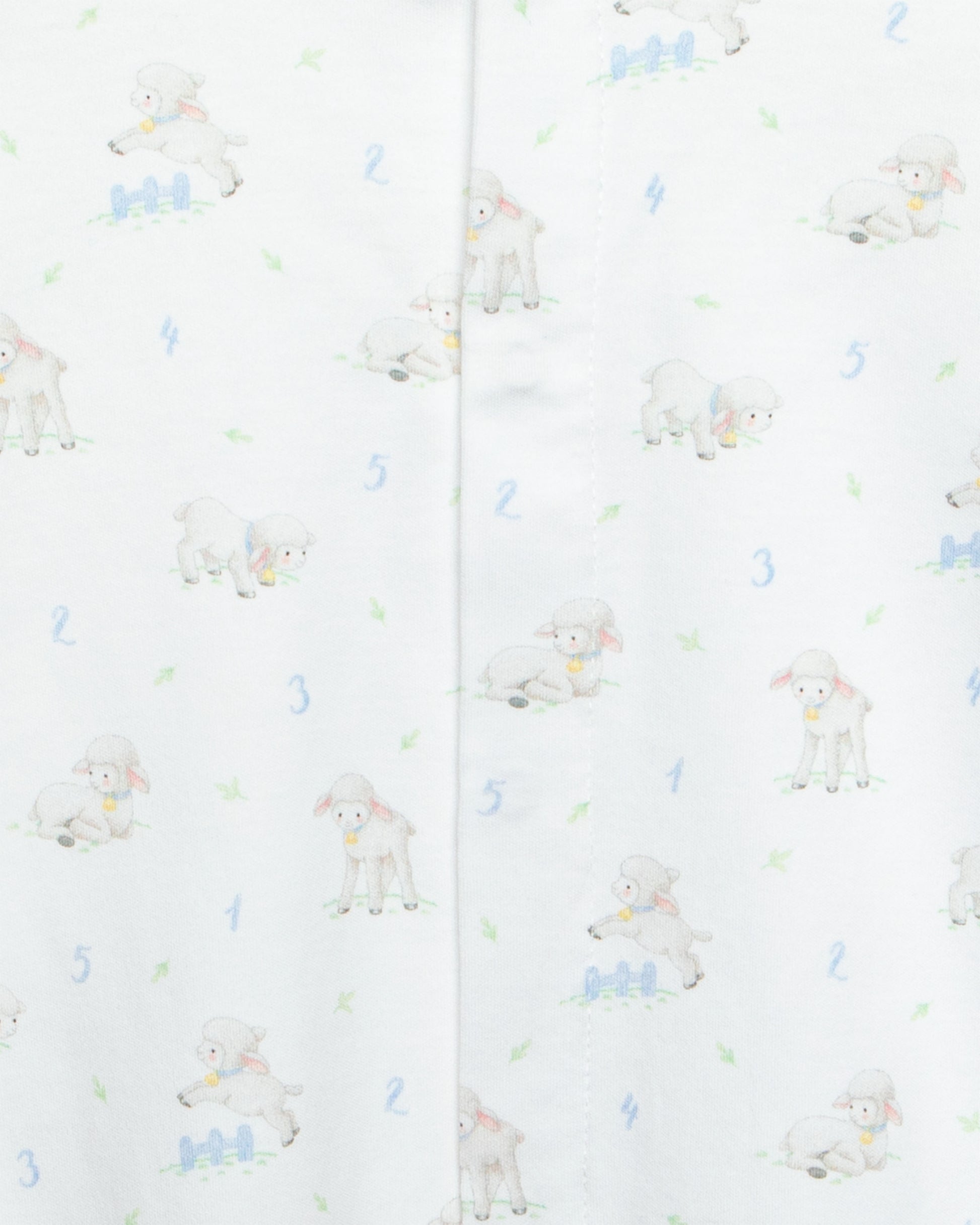 white stretchie with white blue and brown sheep designs, against a white background