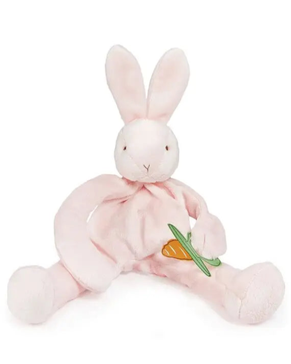 Pink plush bunny toy with a carrot on a white background