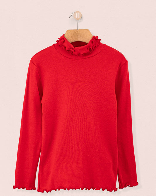 Ruffle Turtleneck Italian Brushed Cotton Red - Jersey