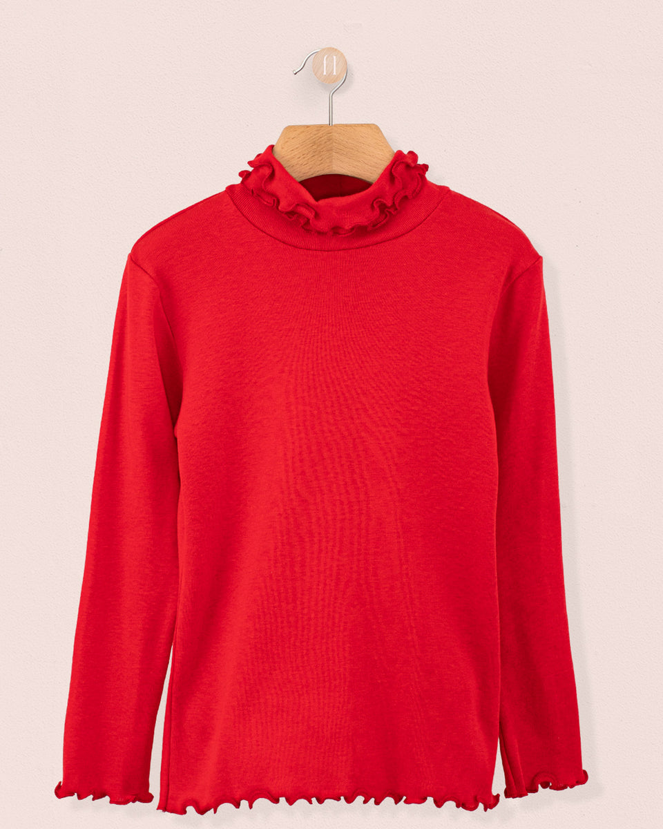 Ruffle Turtleneck Italian Brushed Cotton Red