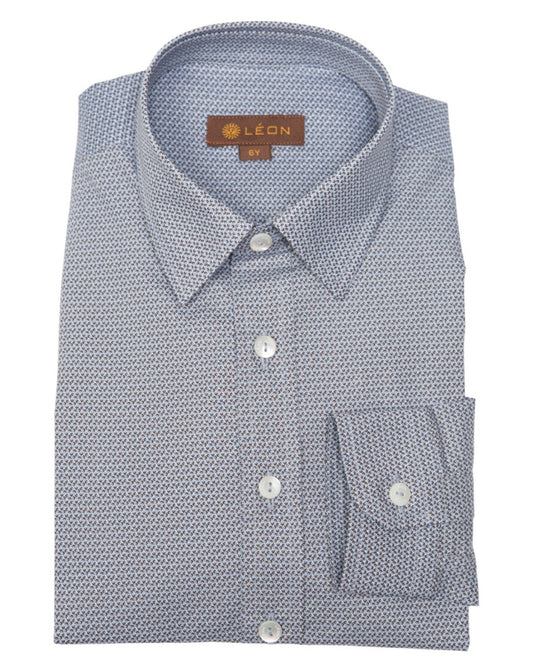 A folded boy's dress shirt featuring a light blue and white micro-patterned fabric, a classic collar, and a single-button chest pocket.