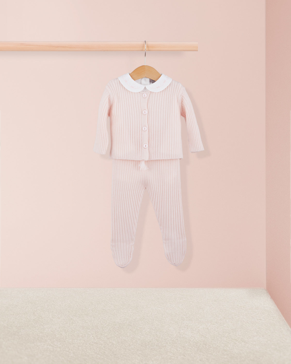 Ribbed Baby Pink 2-Piece Knit Set - Cardigan