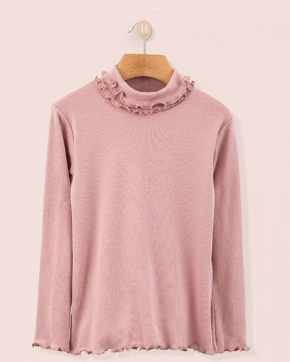 Ruffle Turtleneck Italian Brushed Cotton Rose - Jersey