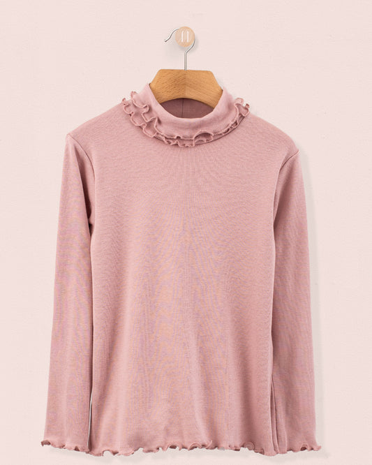 Ruffle Turtleneck Italian Brushed Cotton Rose - Jersey