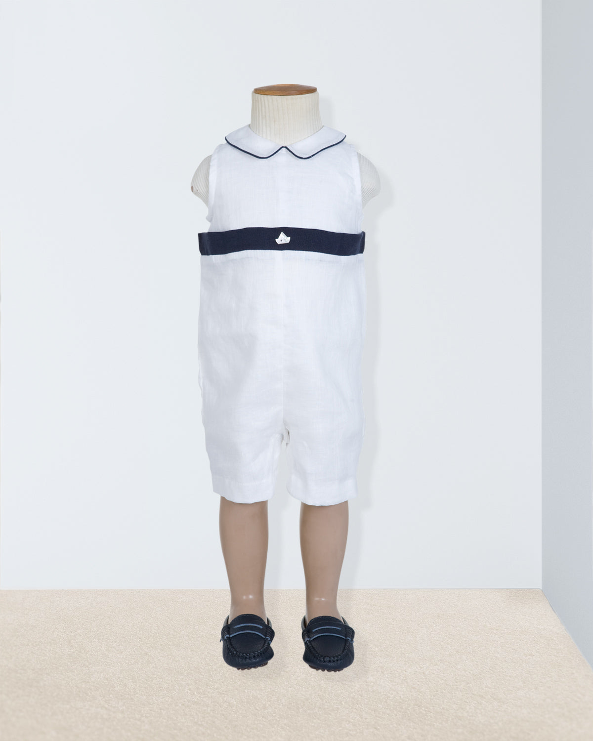 Shore Club White with Navy Trim Linen Romper - Romper