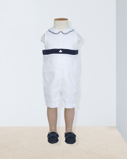 Shore Club White with Navy Trim Linen Romper - Romper