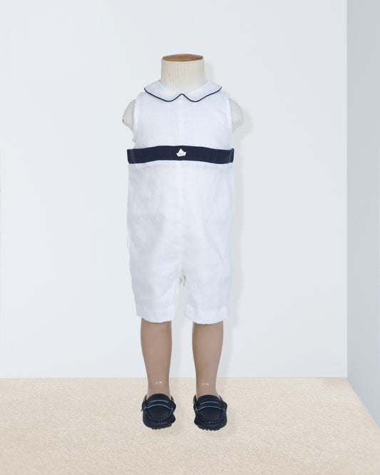 Shore Club White with Navy Trim Linen Romper - Romper