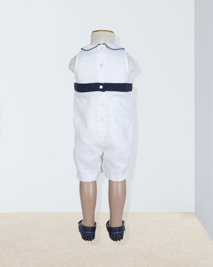 Shore Club White with Navy Trim Linen Romper - Romper