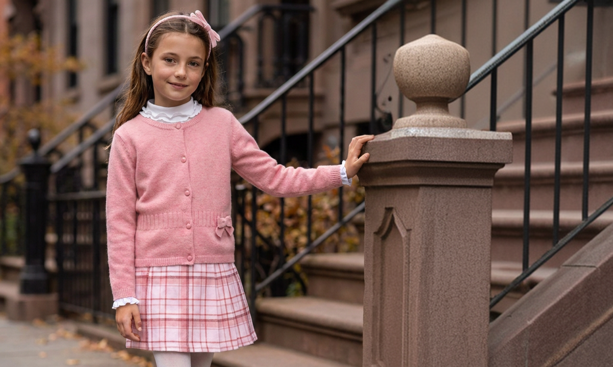 A young girl wearing a pink cardigan and a pink and white plaid skirt stands on a city staircase, touching a stone post.