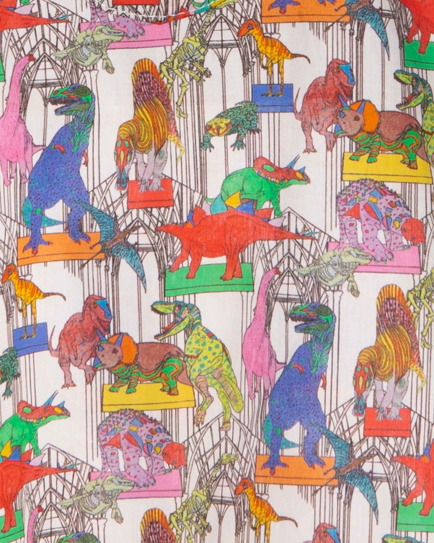 Colorful dinosaur illustrations on a patterned background