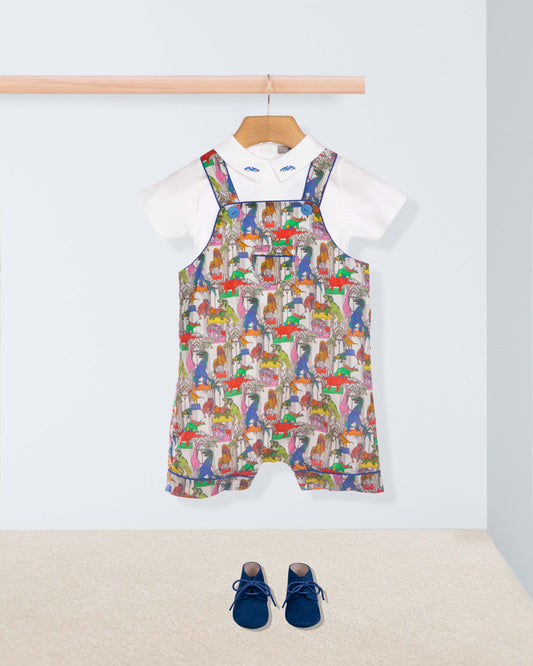Colorful patterned overalls on a hanger with a white shirt underneath, on a light gray background.