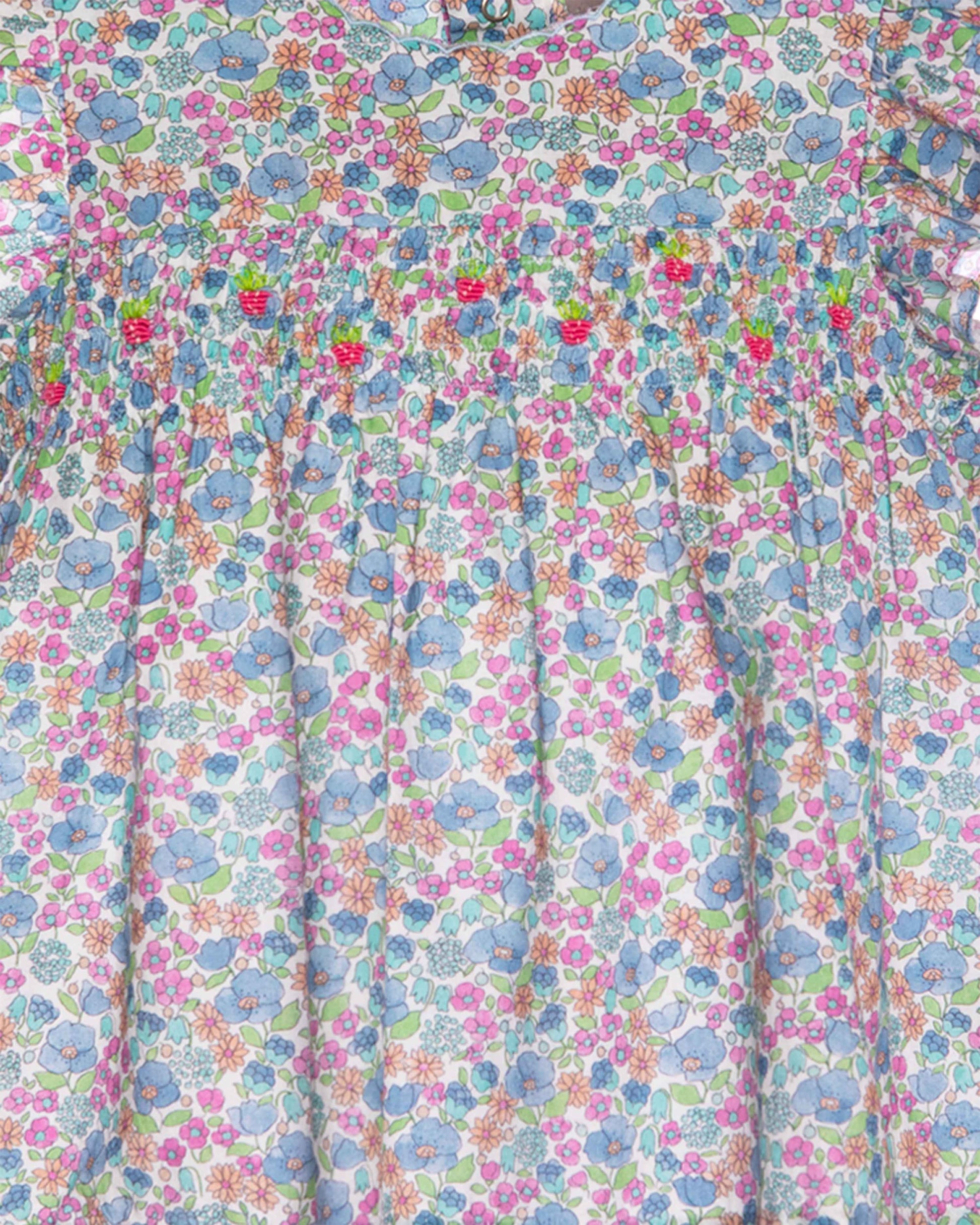 Floral patterned fabric with blue, pink, and green colors.